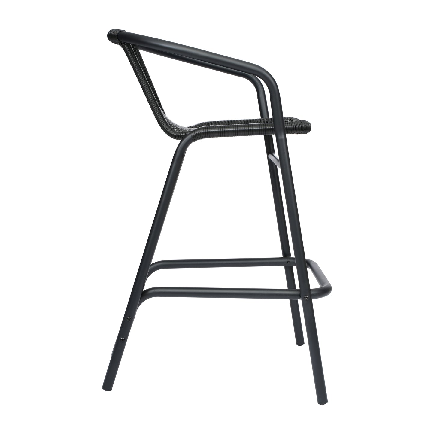 Lila Commercial Grade Indoor-Outdoor PE Rattan Restaurant Barstool with Black Aluminum Frame and Footrest in Black Black