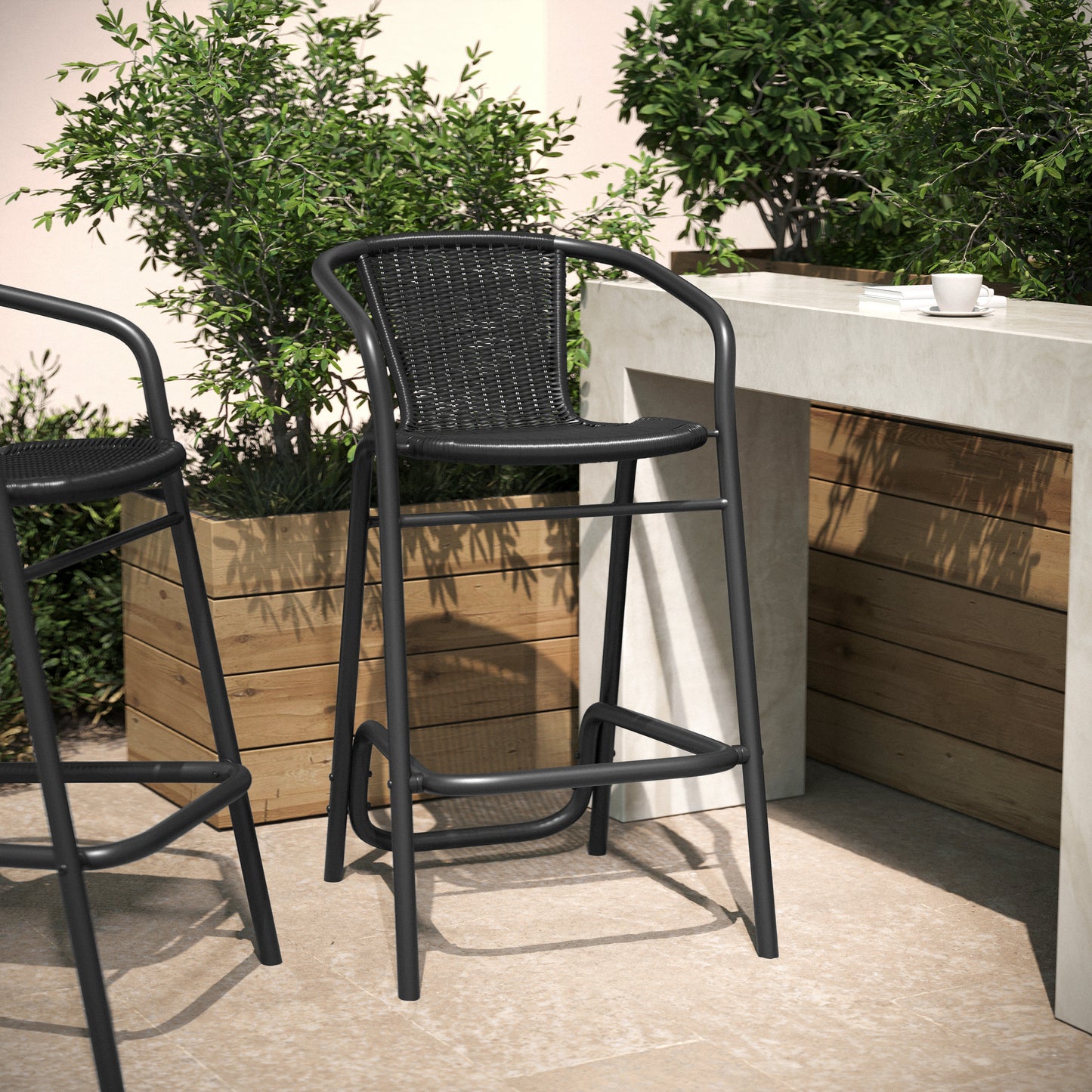 Lila Commercial Grade Indoor-Outdoor PE Rattan Restaurant Barstool with Black Aluminum Frame and Footrest in Black Black
