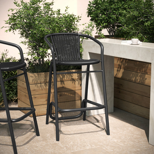 Lila Commercial Grade Indoor-Outdoor PE Rattan Restaurant Barstool with Black Aluminum Frame and Footrest in Black Black