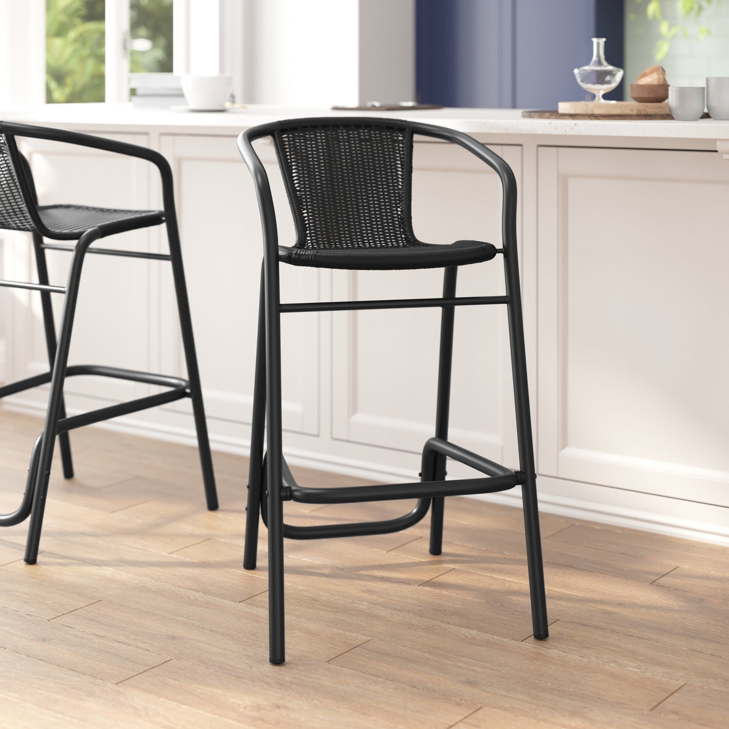 Lila Commercial Grade Indoor-Outdoor PE Rattan Restaurant Barstool with Black Aluminum Frame and Footrest in Black Black