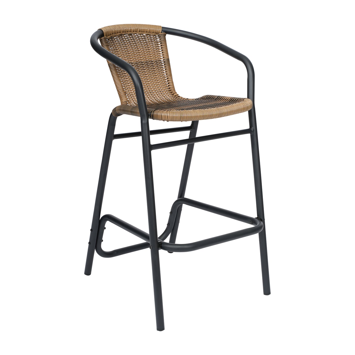 Lila Commercial Grade Indoor-Outdoor PE Rattan Restaurant Barstool with Black Aluminum Frame and Footrest in Medium Brown Medium Brown