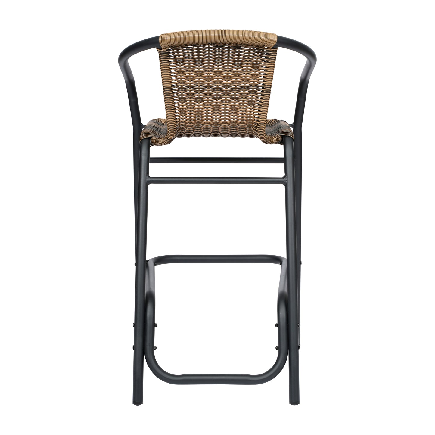 Lila Commercial Grade Indoor-Outdoor PE Rattan Restaurant Barstool with Black Aluminum Frame and Footrest in Medium Brown Medium Brown
