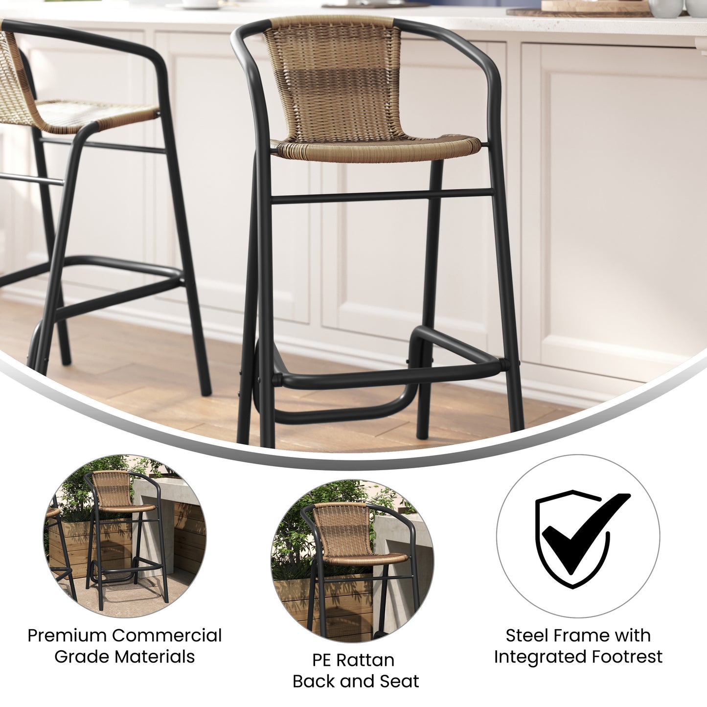 Lila Commercial Grade Indoor-Outdoor PE Rattan Restaurant Barstool with Black Aluminum Frame and Footrest in Medium Brown Medium Brown