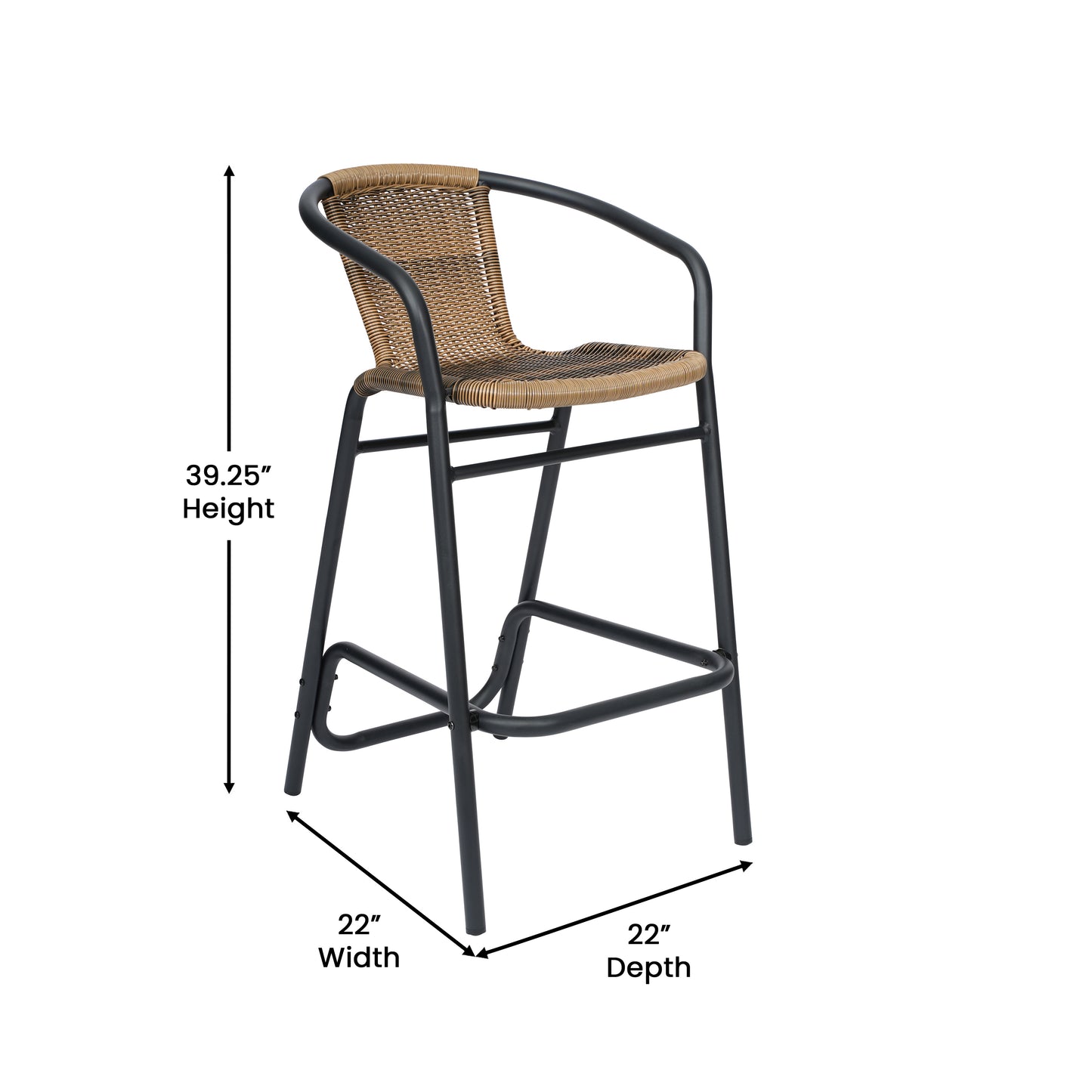 Lila Commercial Grade Indoor-Outdoor PE Rattan Restaurant Barstool with Black Aluminum Frame and Footrest in Medium Brown Medium Brown