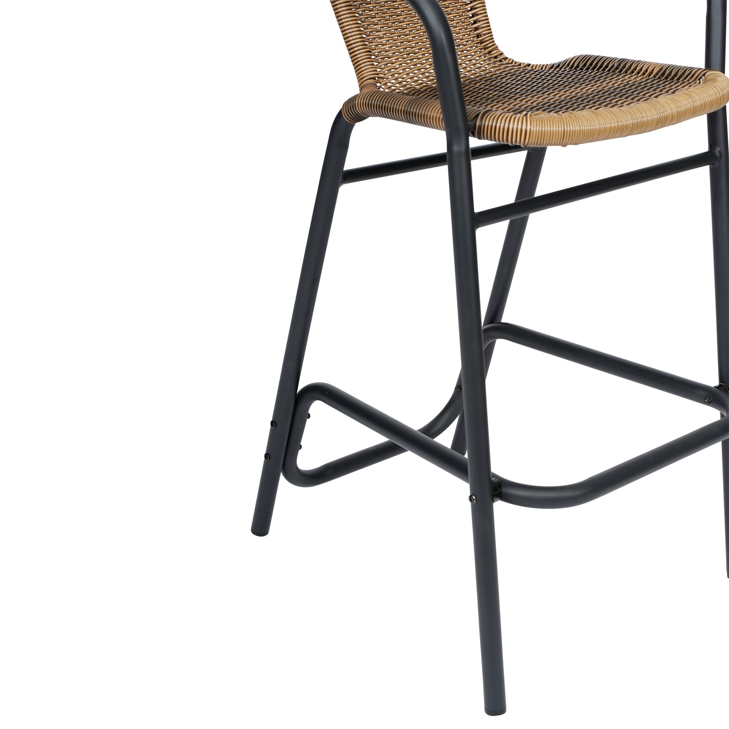 Lila Commercial Grade Indoor-Outdoor PE Rattan Restaurant Barstool with Black Aluminum Frame and Footrest in Medium Brown Medium Brown
