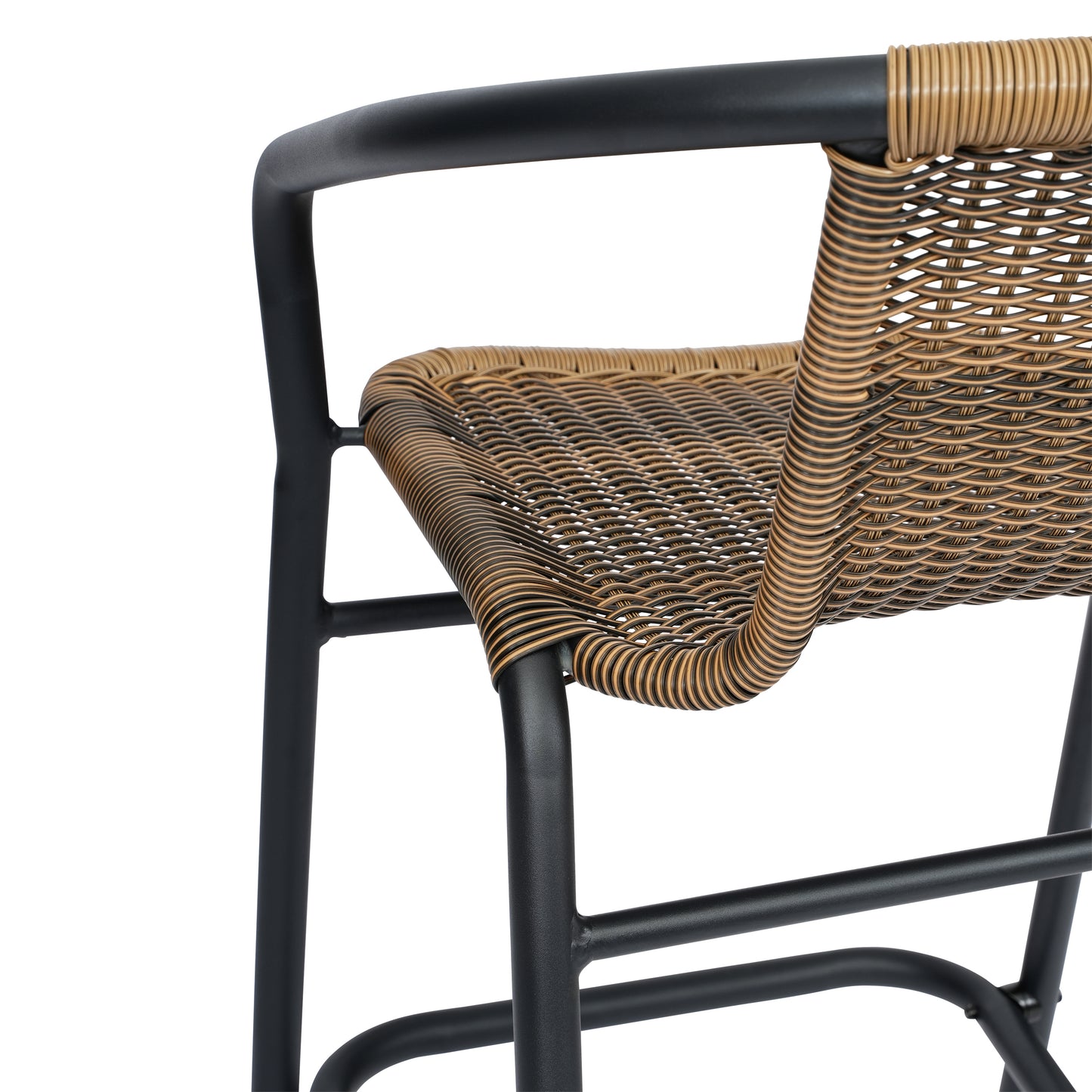Lila Commercial Grade Indoor-Outdoor PE Rattan Restaurant Barstool with Black Aluminum Frame and Footrest in Medium Brown Medium Brown
