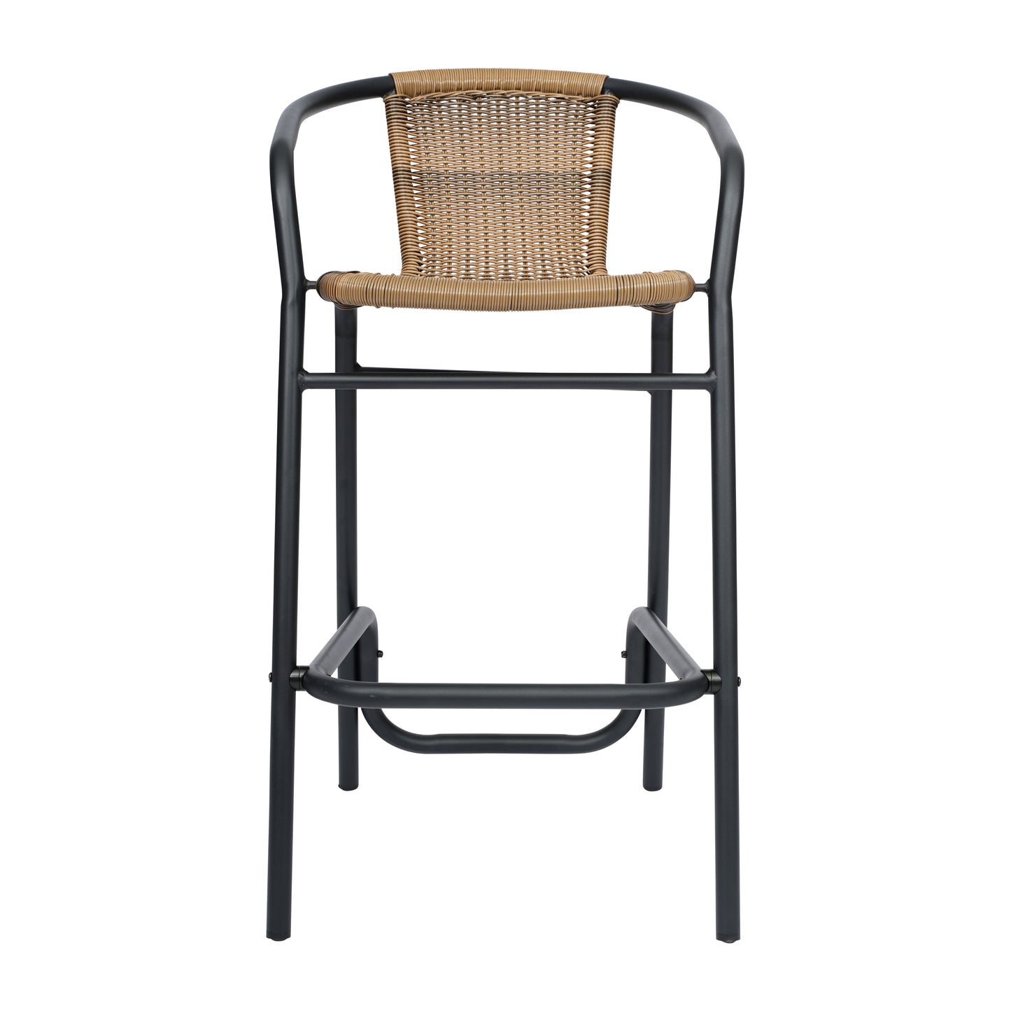 Lila Commercial Grade Indoor-Outdoor PE Rattan Restaurant Barstool with Black Aluminum Frame and Footrest in Medium Brown Medium Brown