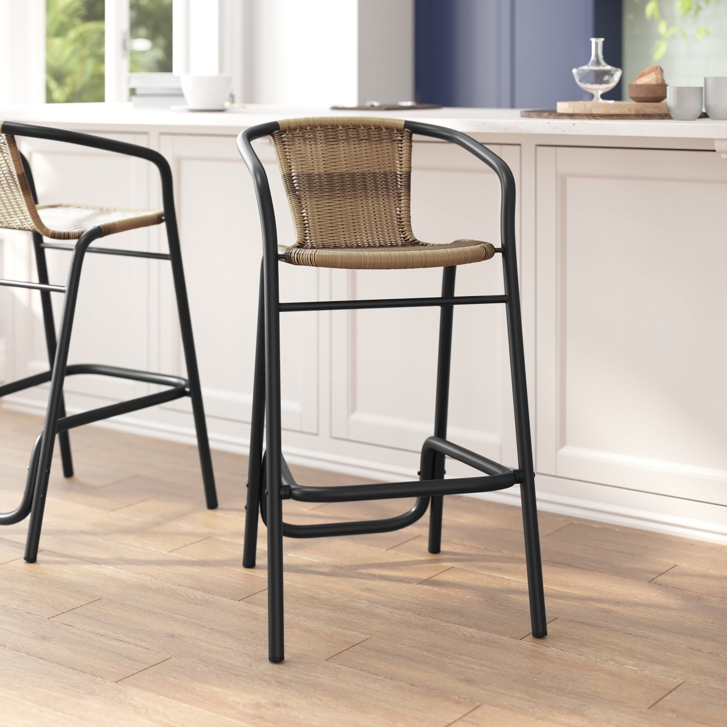 Lila Commercial Grade Indoor-Outdoor PE Rattan Restaurant Barstool with Black Aluminum Frame and Footrest in Medium Brown Medium Brown