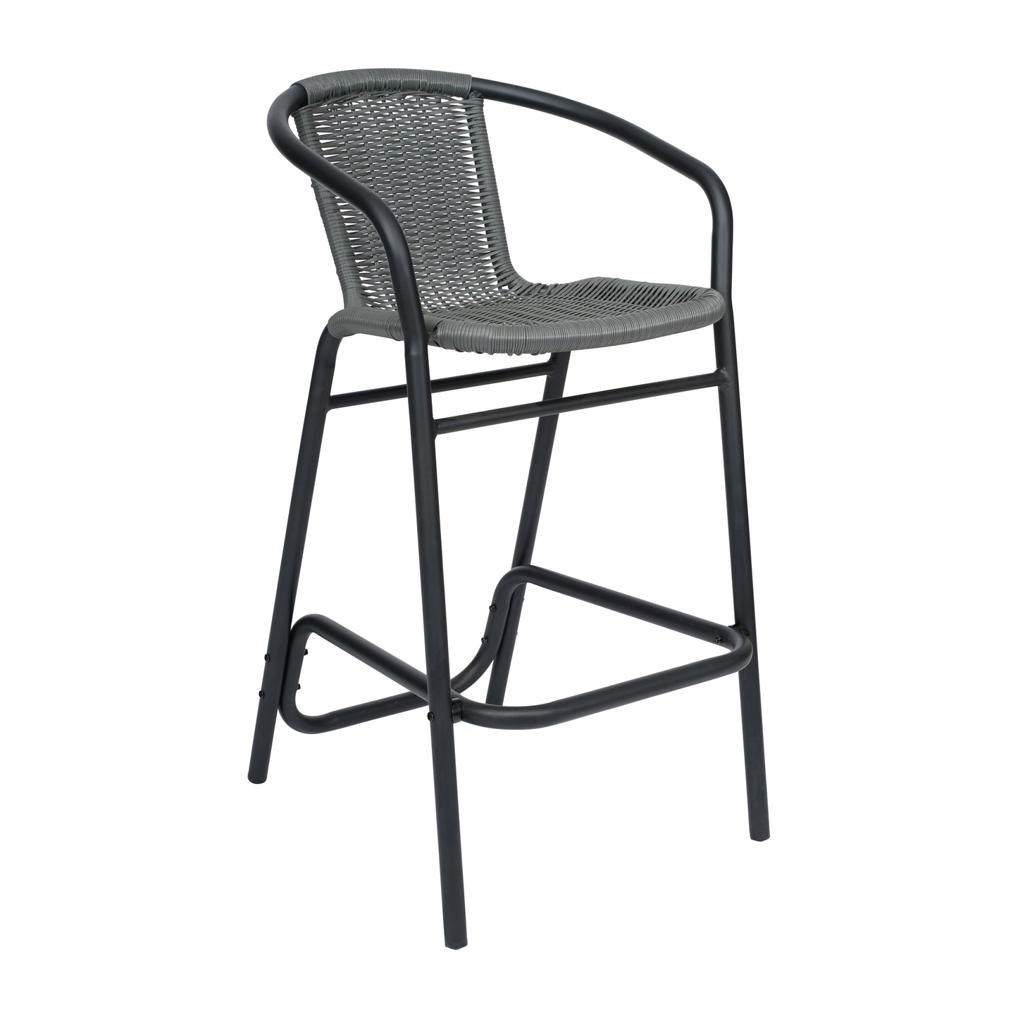 Lila Commercial Grade Indoor-Outdoor PE Rattan Restaurant Barstool with Black Aluminum Frame and Footrest in Gray Gray