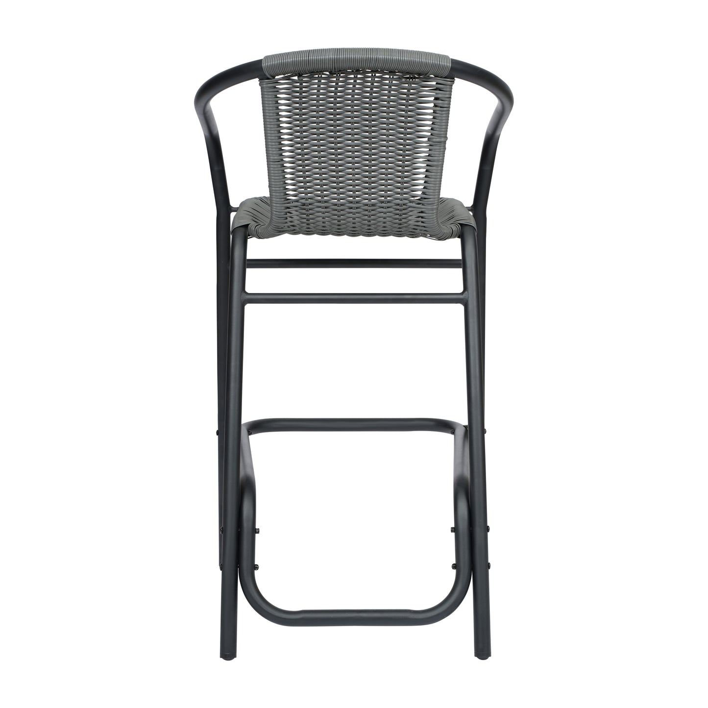 Lila Commercial Grade Indoor-Outdoor PE Rattan Restaurant Barstool with Black Aluminum Frame and Footrest in Gray Gray