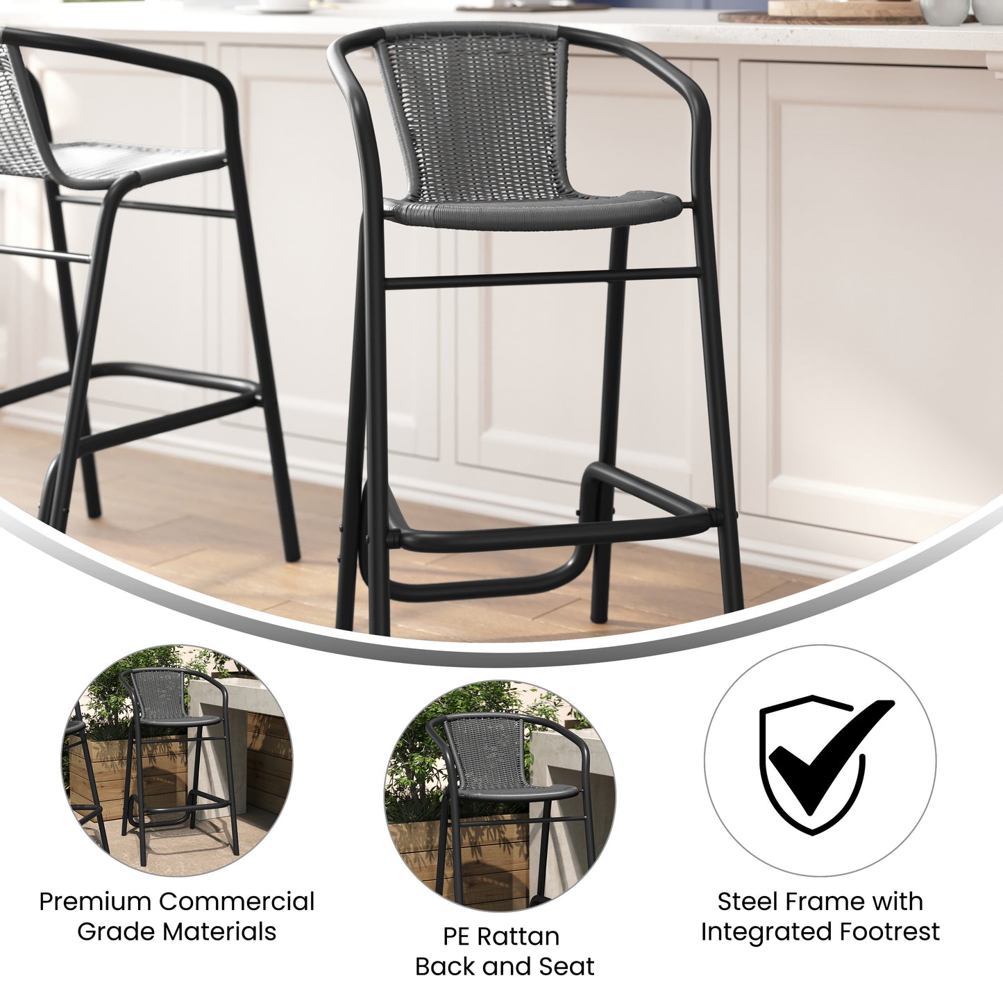 Lila Commercial Grade Indoor-Outdoor PE Rattan Restaurant Barstool with Black Aluminum Frame and Footrest in Gray Gray
