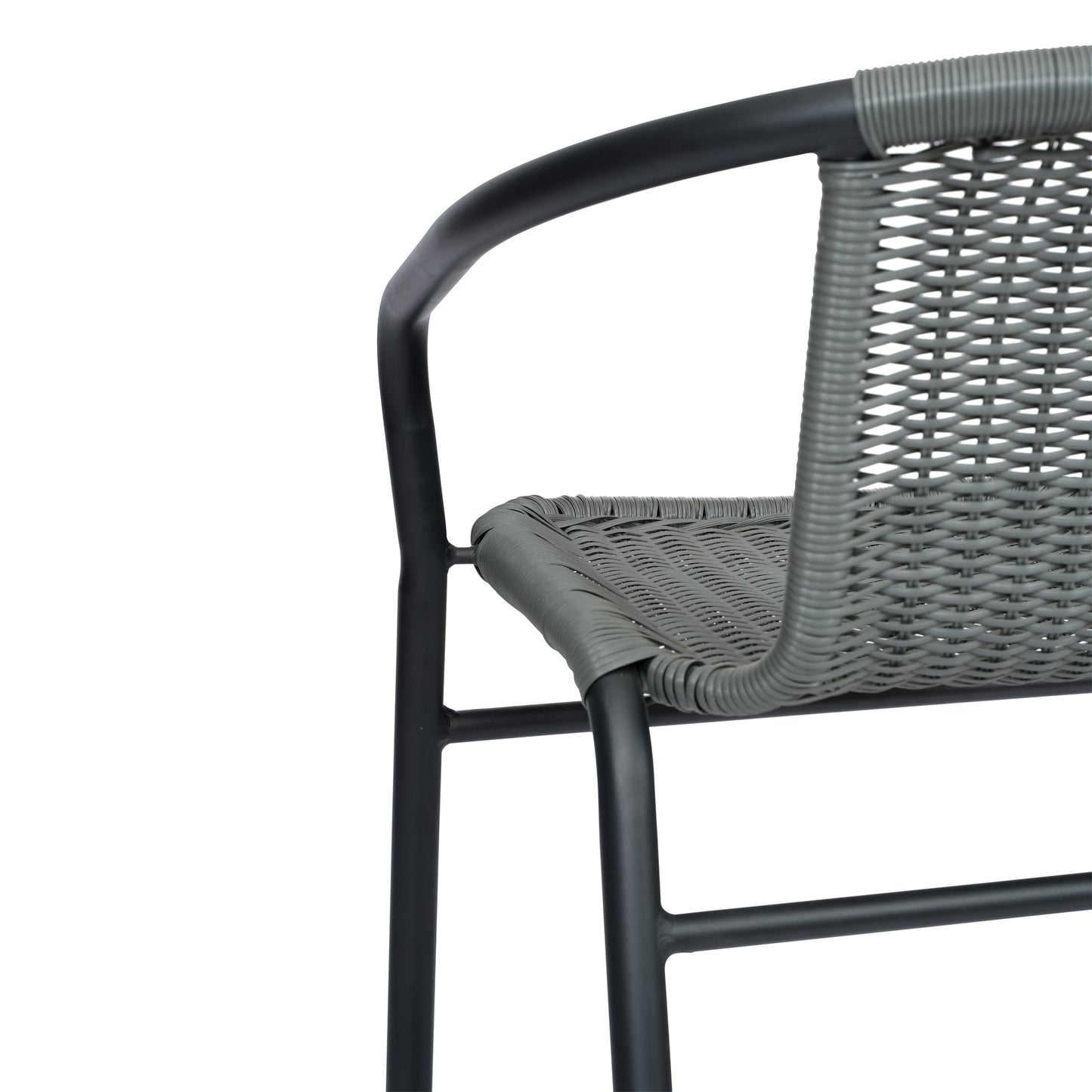 Lila Commercial Grade Indoor-Outdoor PE Rattan Restaurant Barstool with Black Aluminum Frame and Footrest in Gray Gray