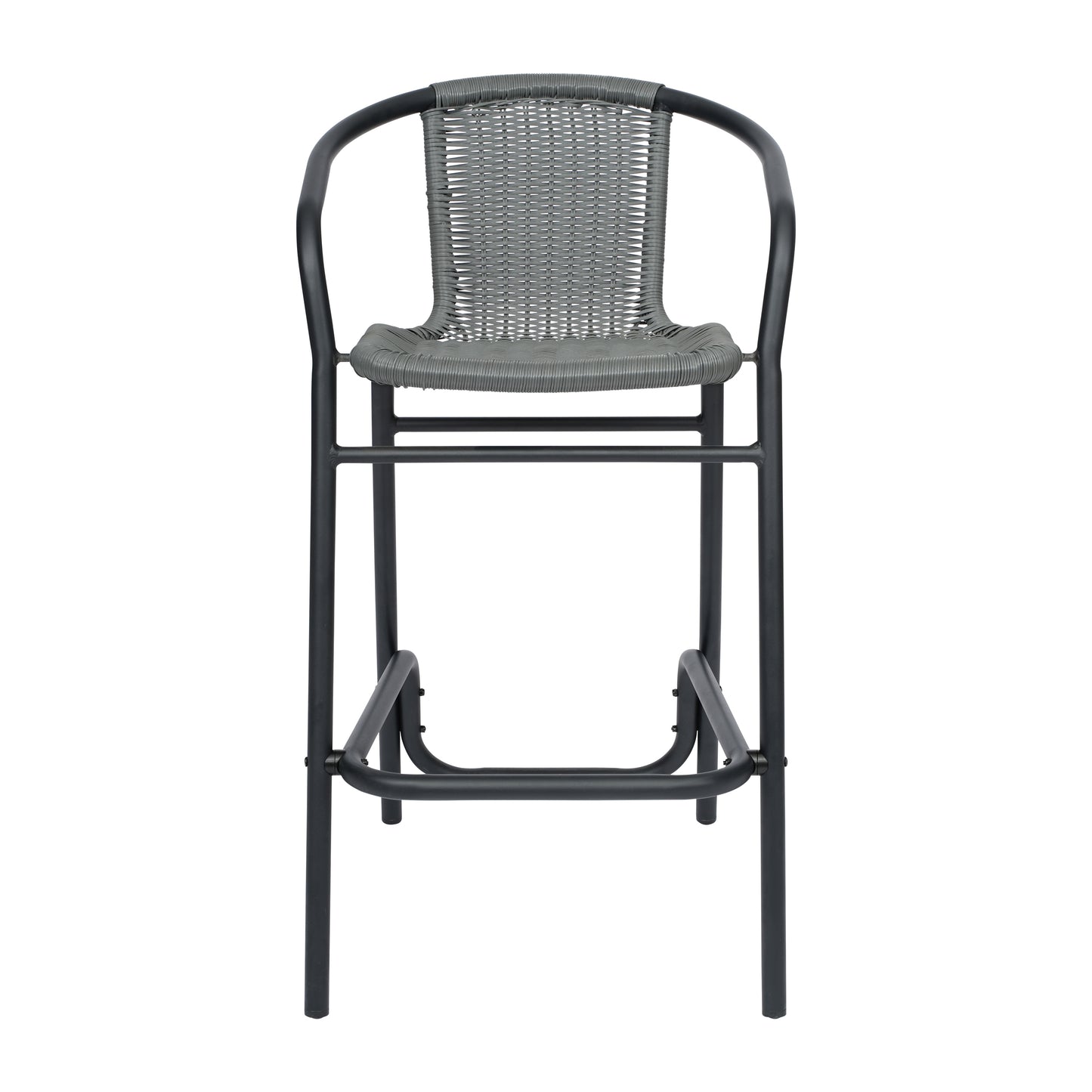 Lila Commercial Grade Indoor-Outdoor PE Rattan Restaurant Barstool with Black Aluminum Frame and Footrest in Gray Gray