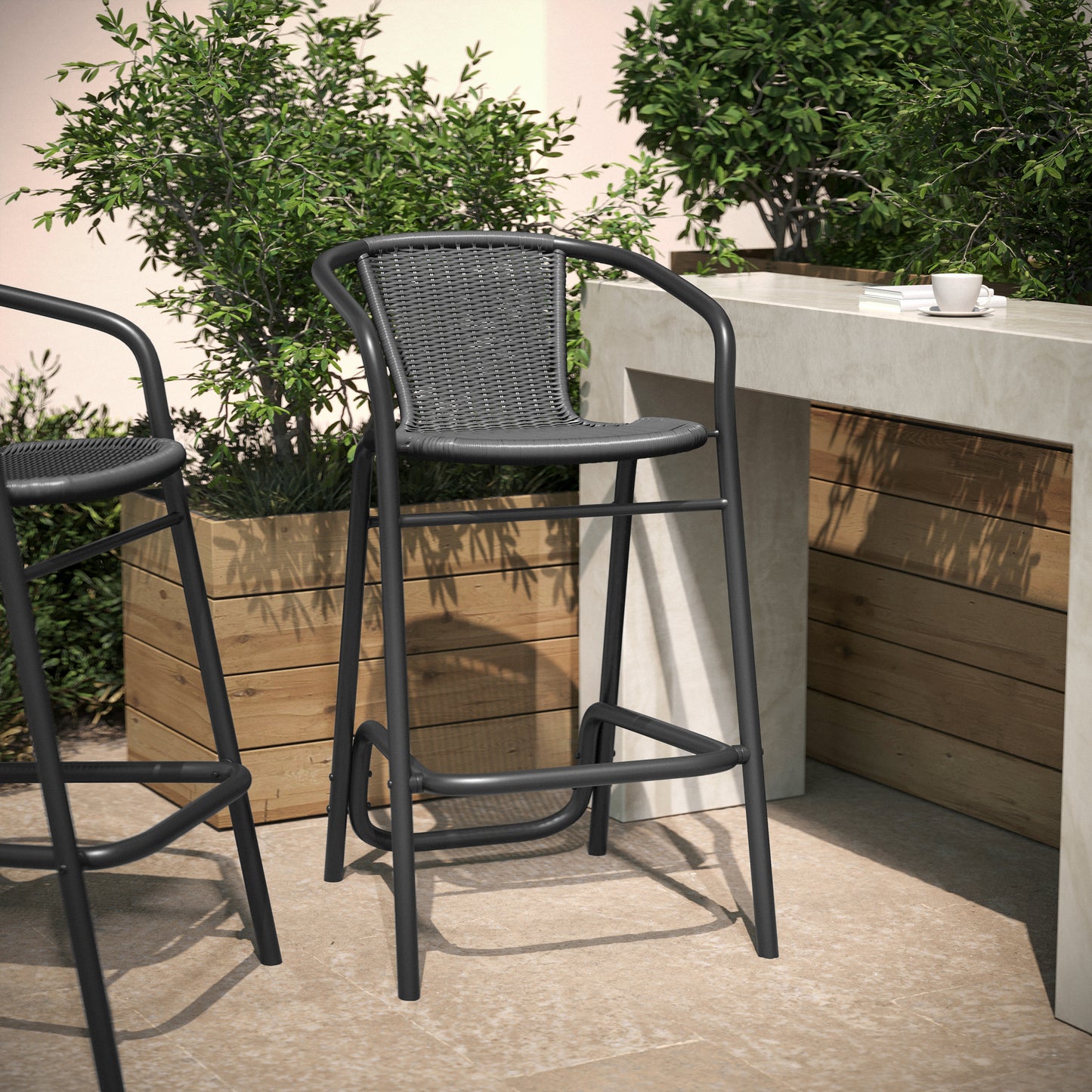 Lila Commercial Grade Indoor-Outdoor PE Rattan Restaurant Barstool with Black Aluminum Frame and Footrest in Gray Gray
