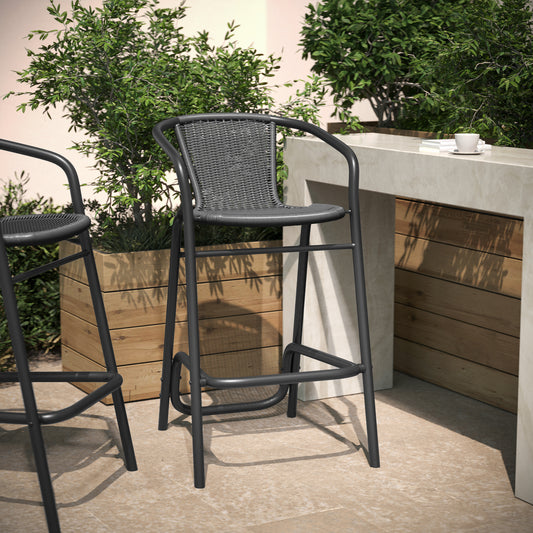 Lila Commercial Grade Indoor-Outdoor PE Rattan Restaurant Barstool with Black Aluminum Frame and Footrest in Gray Gray
