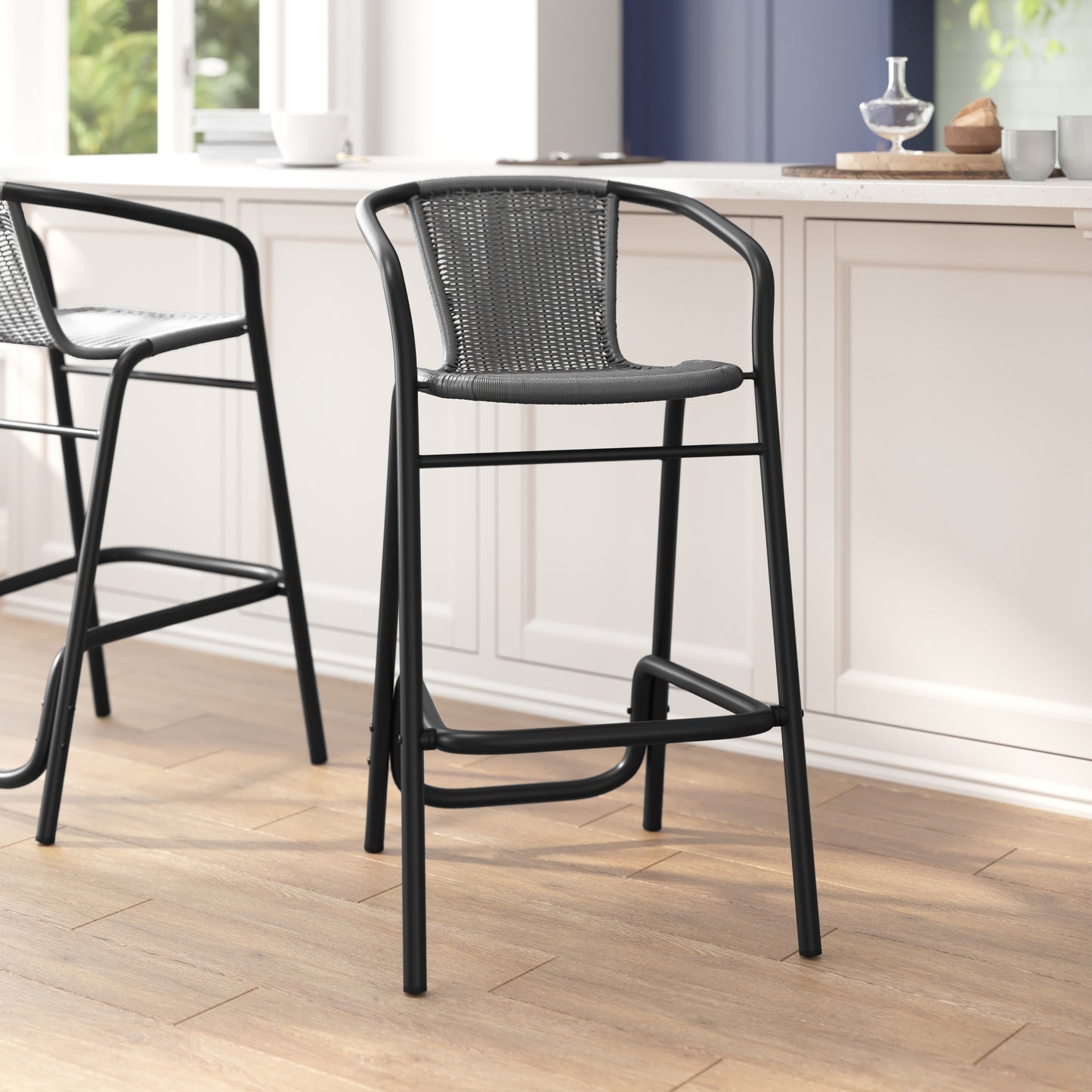 Lila Commercial Grade Indoor-Outdoor PE Rattan Restaurant Barstool with Black Aluminum Frame and Footrest in Gray Gray