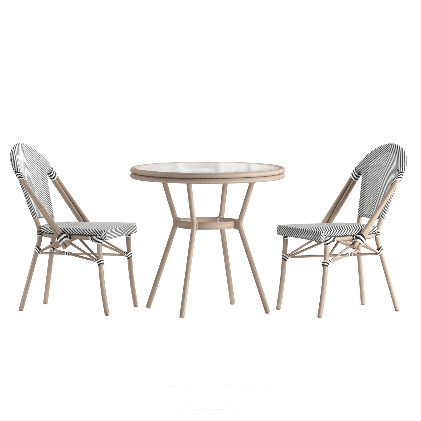 Marseille Indoor/Outdoor Commercial Bistro 31.5" Table, Black/White Textilene, Glass Top with 2 Stack Chairs - Light Natural Black & White Textilene/Light Natural Frame
