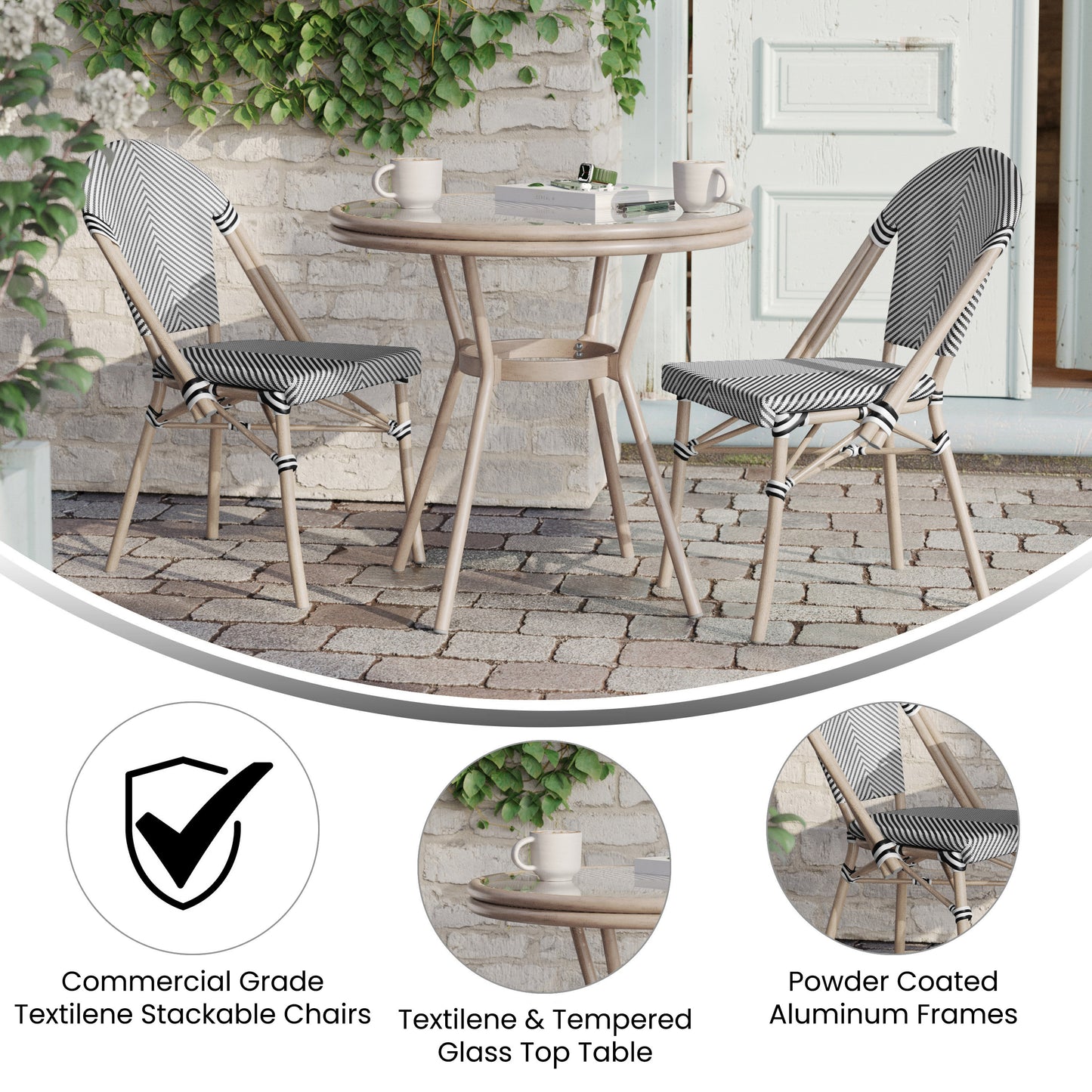 Marseille Indoor/Outdoor Commercial Bistro 31.5" Table, Black/White Textilene, Glass Top with 2 Stack Chairs - Light Natural Black & White Textilene/Light Natural Frame