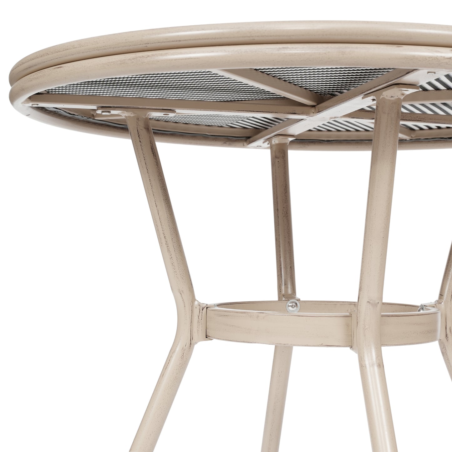 Marseille Indoor/Outdoor Commercial Bistro 31.5" Table, Black/White Textilene, Glass Top with 2 Stack Chairs - Light Natural Black & White Textilene/Light Natural Frame
