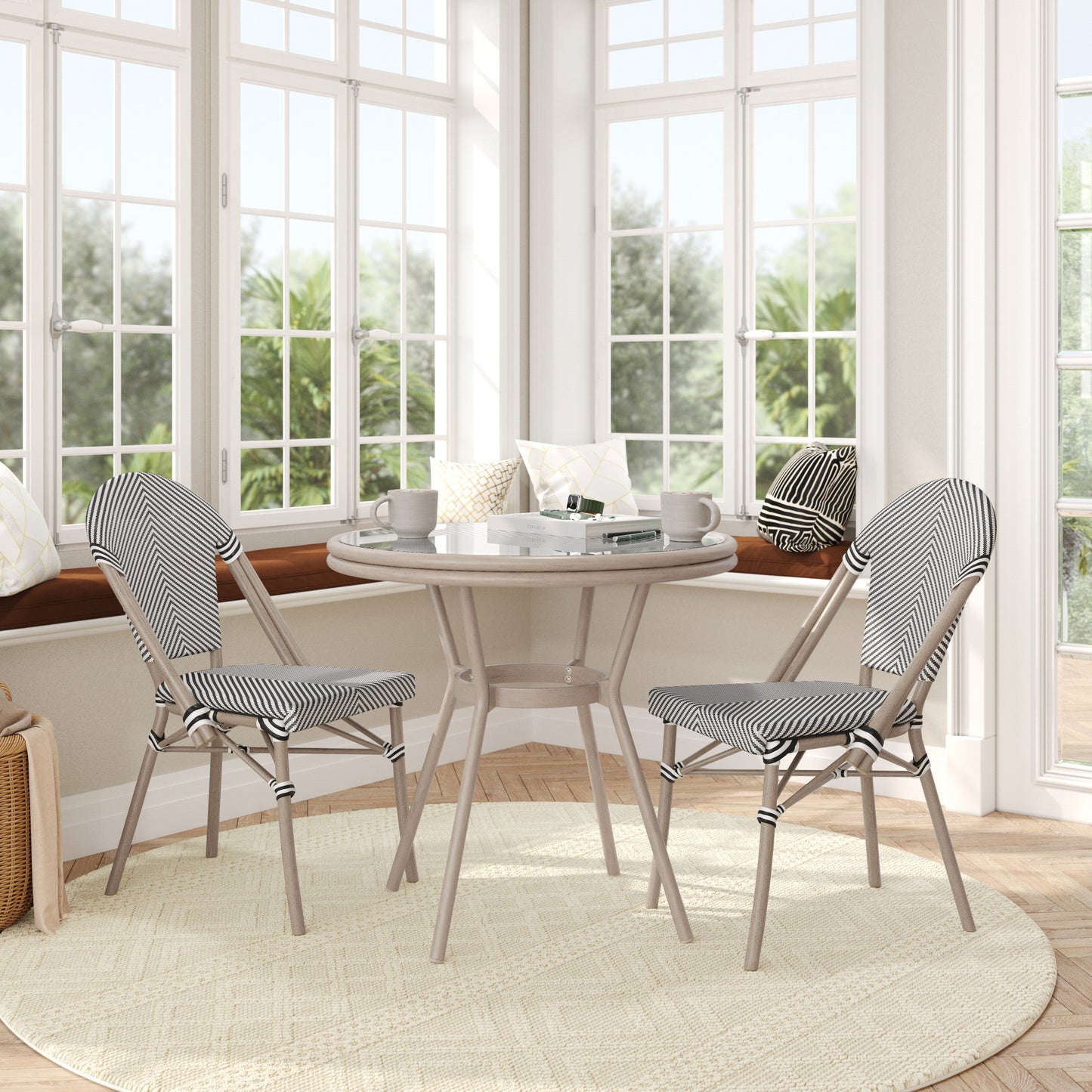 Marseille Indoor/Outdoor Commercial Bistro 31.5" Table, Black/White Textilene, Glass Top with 2 Stack Chairs - Light Natural Black & White Textilene/Light Natural Frame