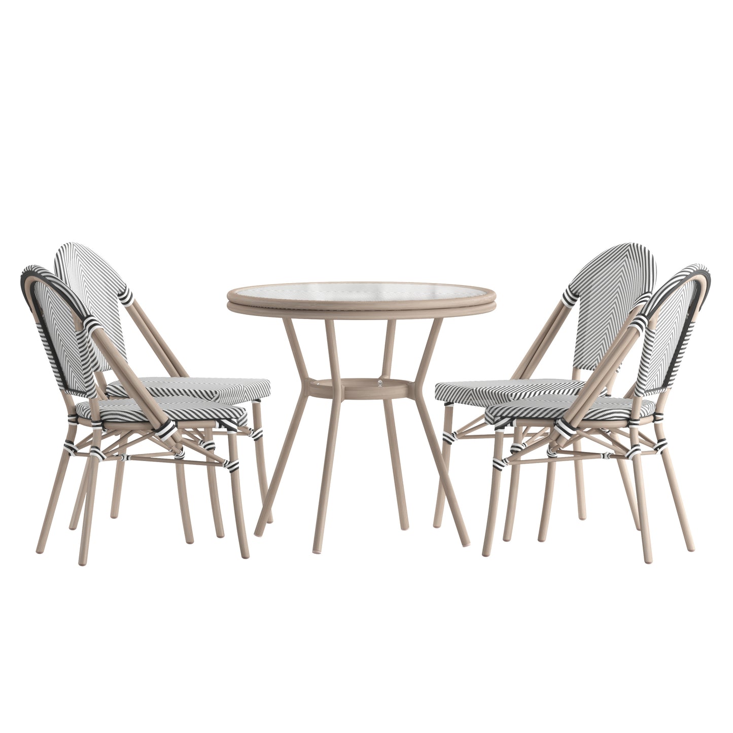 Marseille Indoor/Outdoor Commercial Bistro 31.5" Table, Black/White Textilene, Glass Top with 4 Stack Chairs - Light Natural Black & White Textilene/Light Natural Frame