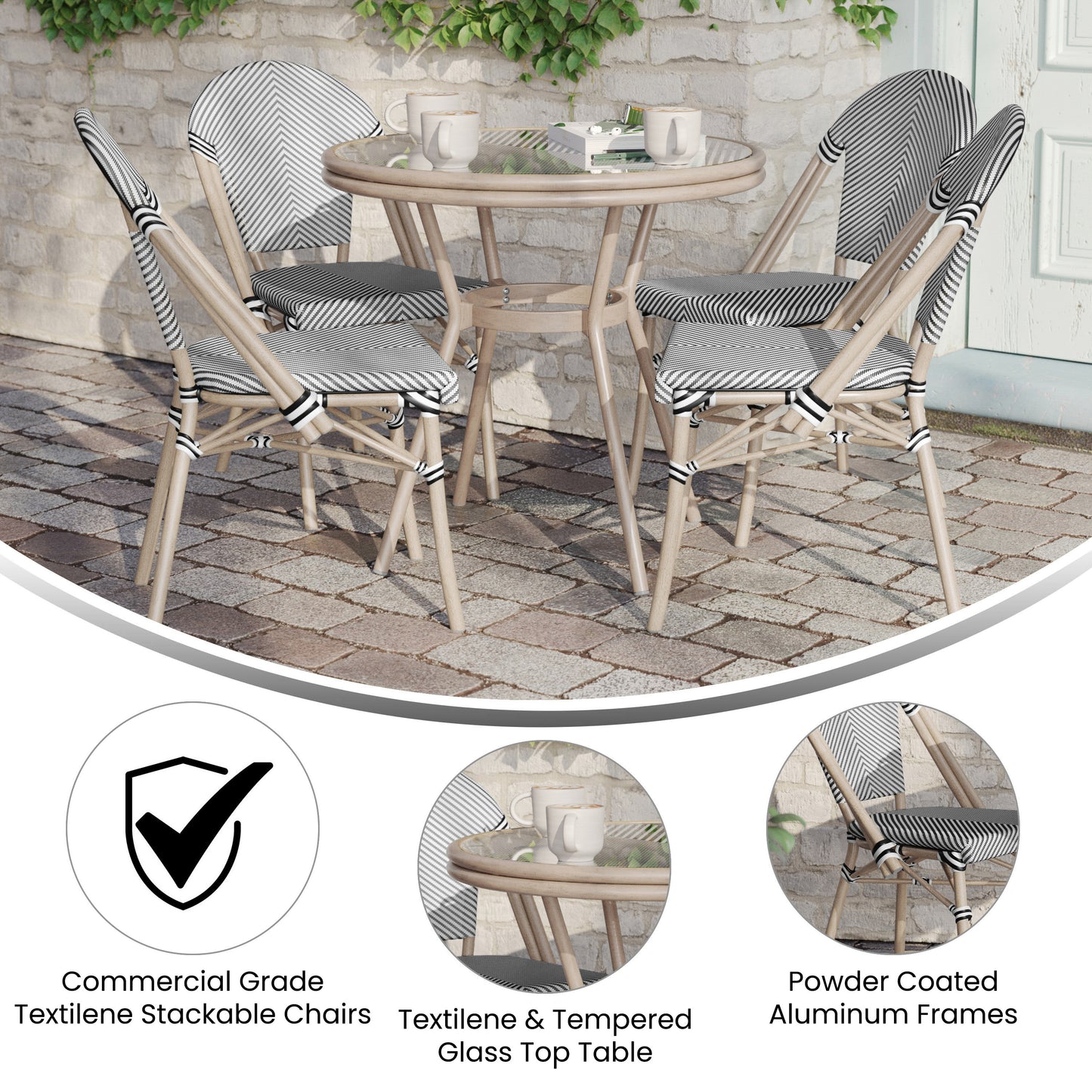 Marseille Indoor/Outdoor Commercial Bistro 31.5" Table, Black/White Textilene, Glass Top with 4 Stack Chairs - Light Natural Black & White Textilene/Light Natural Frame