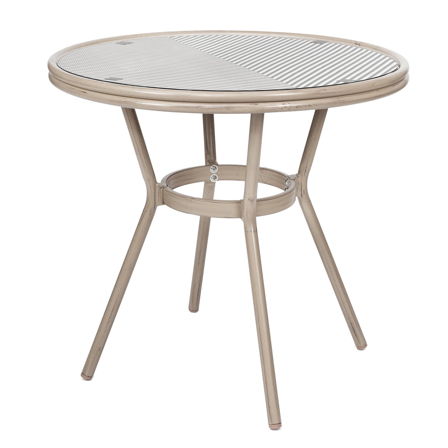 Marseille Indoor/Outdoor Commercial Bistro 31.5" Table, Black/White Textilene, Glass Top with 4 Stack Chairs - Light Natural Black & White Textilene/Light Natural Frame