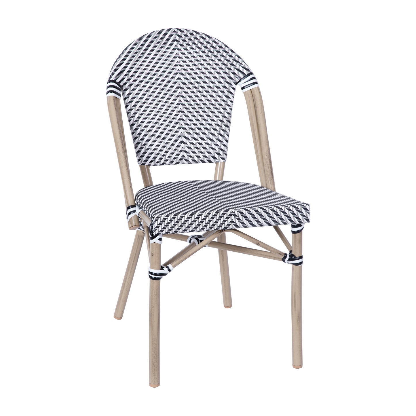 Marseille Indoor/Outdoor Commercial Bistro 31.5" Table, Black/White Textilene, Glass Top with 4 Stack Chairs - Light Natural Black & White Textilene/Light Natural Frame