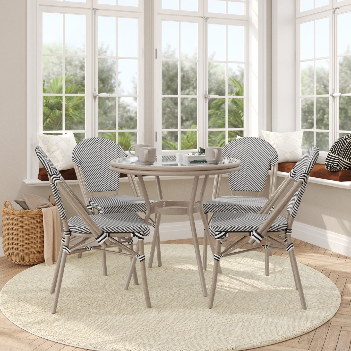 Marseille Indoor/Outdoor Commercial Bistro 31.5" Table, Black/White Textilene, Glass Top with 4 Stack Chairs - Light Natural Black & White Textilene/Light Natural Frame