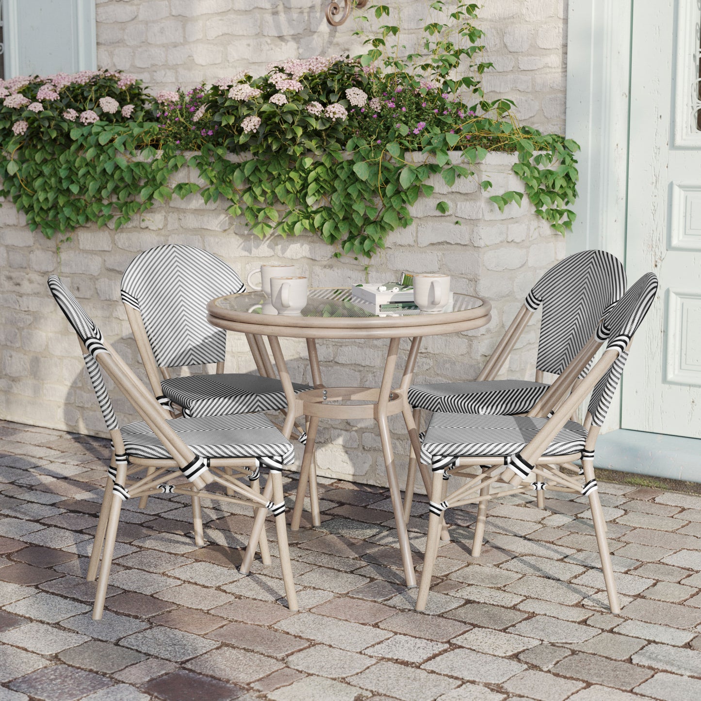 Marseille Indoor/Outdoor Commercial Bistro 31.5" Table, Black/White Textilene, Glass Top with 4 Stack Chairs - Light Natural Black & White Textilene/Light Natural Frame