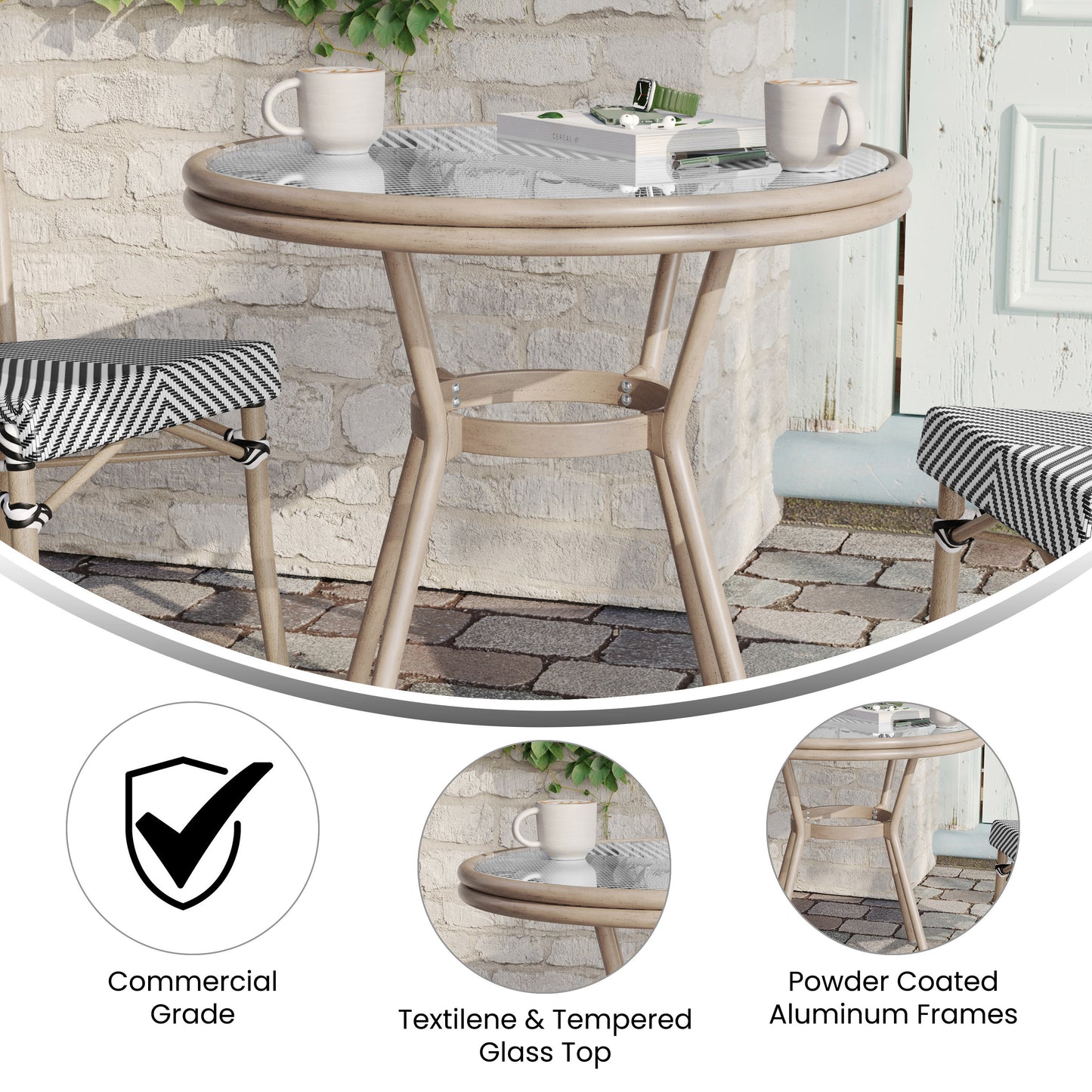 Marseille Indoor/Outdoor Commercial Bistro 31.5" Table, Black/White Textilene, Glass Top, Bamboo Print Aluminum Frame in Light Natural Black & White Textilene/Light Natural Frame