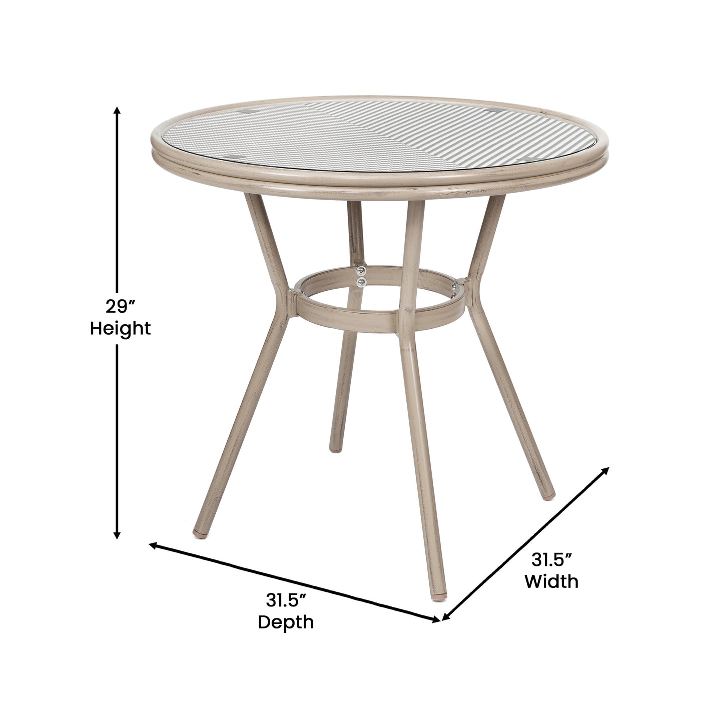 Marseille Indoor/Outdoor Commercial Bistro 31.5" Table, Black/White Textilene, Glass Top, Bamboo Print Aluminum Frame in Light Natural Black & White Textilene/Light Natural Frame