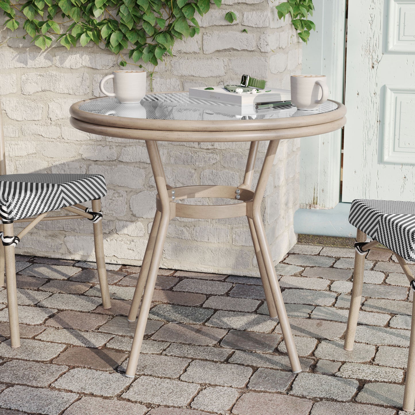 Marseille Indoor/Outdoor Commercial Bistro 31.5" Table, Black/White Textilene, Glass Top, Bamboo Print Aluminum Frame in Light Natural Black & White Textilene/Light Natural Frame