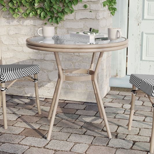 Marseille Indoor/Outdoor Commercial Bistro 31.5" Table, Black/White Textilene, Glass Top, Bamboo Print Aluminum Frame in Light Natural Black & White Textilene/Light Natural Frame