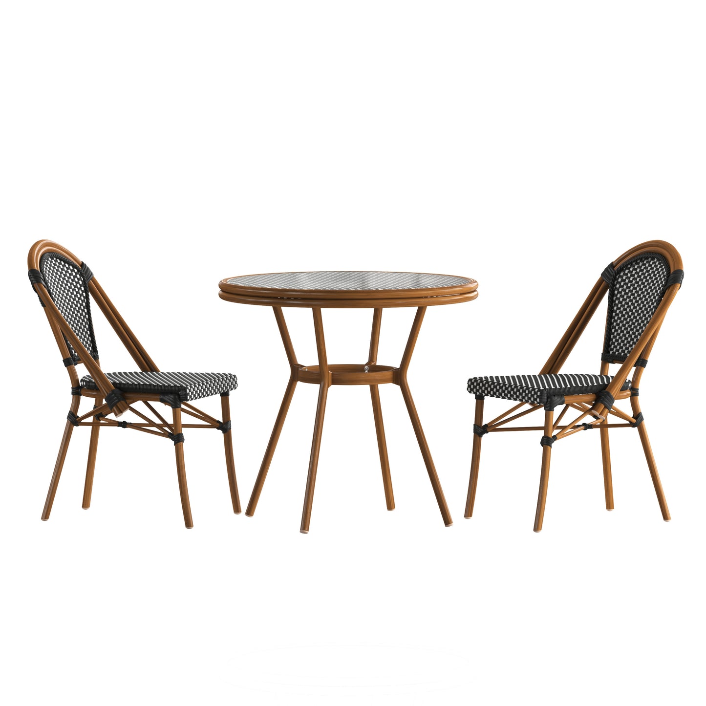 Bordeaux Indoor/Outdoor Commercial Bistro 31.5" Table, Black and White PE Rattan, Glass Top with 2 Stack Chairs Black & White Rattan/Natural Frame SDA-AD641012-80-2001-BKWH-NAT-GG