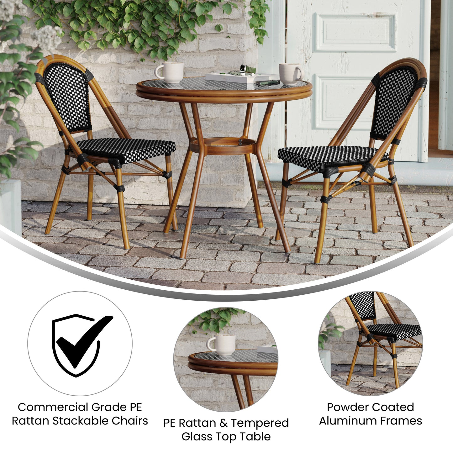Bordeaux Indoor/Outdoor Commercial Bistro 31.5" Table, Black and White PE Rattan, Glass Top with 2 Stack Chairs Black & White Rattan/Natural Frame SDA-AD641012-80-2001-BKWH-NAT-GG
