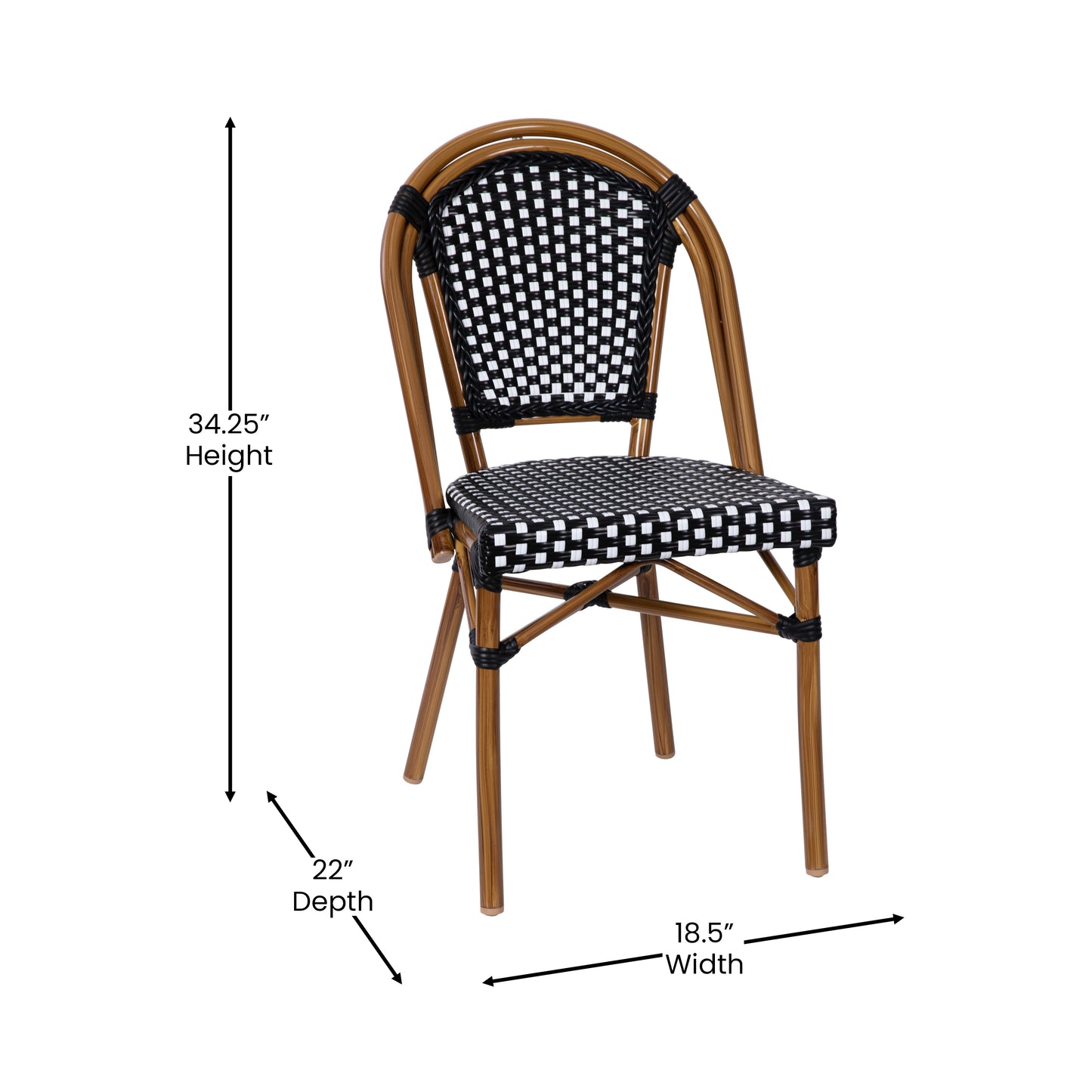 Bordeaux Indoor/Outdoor Commercial Bistro 31.5" Table, Black and White PE Rattan, Glass Top with 2 Stack Chairs Black & White Rattan/Natural Frame SDA-AD641012-80-2001-BKWH-NAT-GG