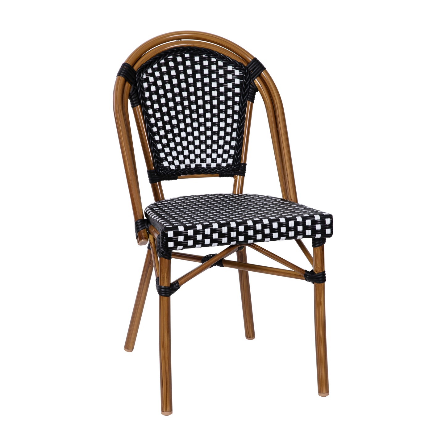 Bordeaux Indoor/Outdoor Commercial Bistro 31.5" Table, Black and White PE Rattan, Glass Top with 2 Stack Chairs Black & White Rattan/Natural Frame SDA-AD641012-80-2001-BKWH-NAT-GG