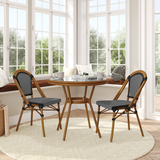 Bordeaux Indoor/Outdoor Commercial Bistro 31.5" Table, Black and White PE Rattan, Glass Top with 2 Stack Chairs Black & White Rattan/Natural Frame
