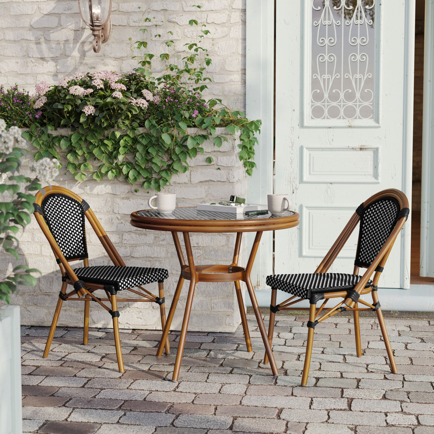 Bordeaux Indoor/Outdoor Commercial Bistro 31.5" Table, Black and White PE Rattan, Glass Top with 2 Stack Chairs Black & White Rattan/Natural Frame SDA-AD641012-80-2001-BKWH-NAT-GG