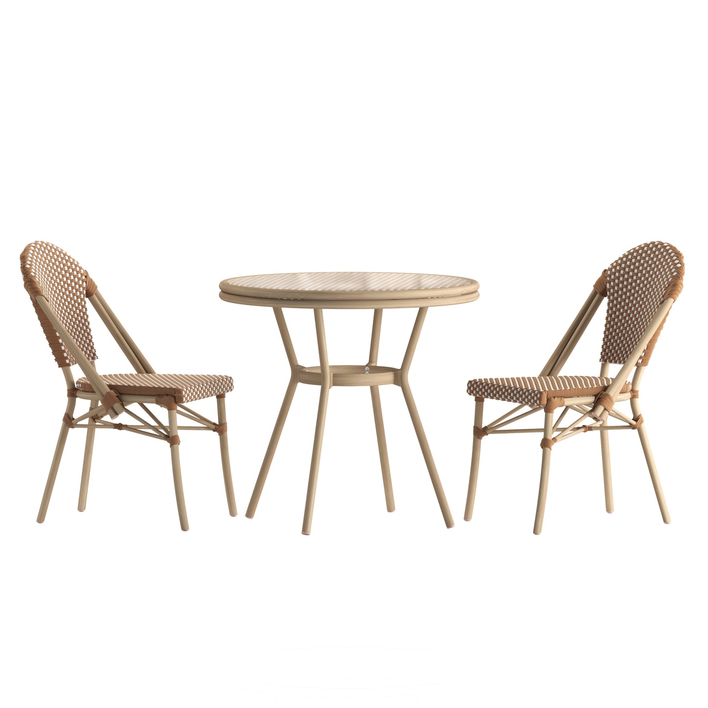 Lourdes Indoor/Outdoor Commercial Bistro 31.5" Table, Natural/White PE Rattan, Glass Top with 2 Stack Chairs - Light Natural Natural & White Rattan/Light Natural Frame