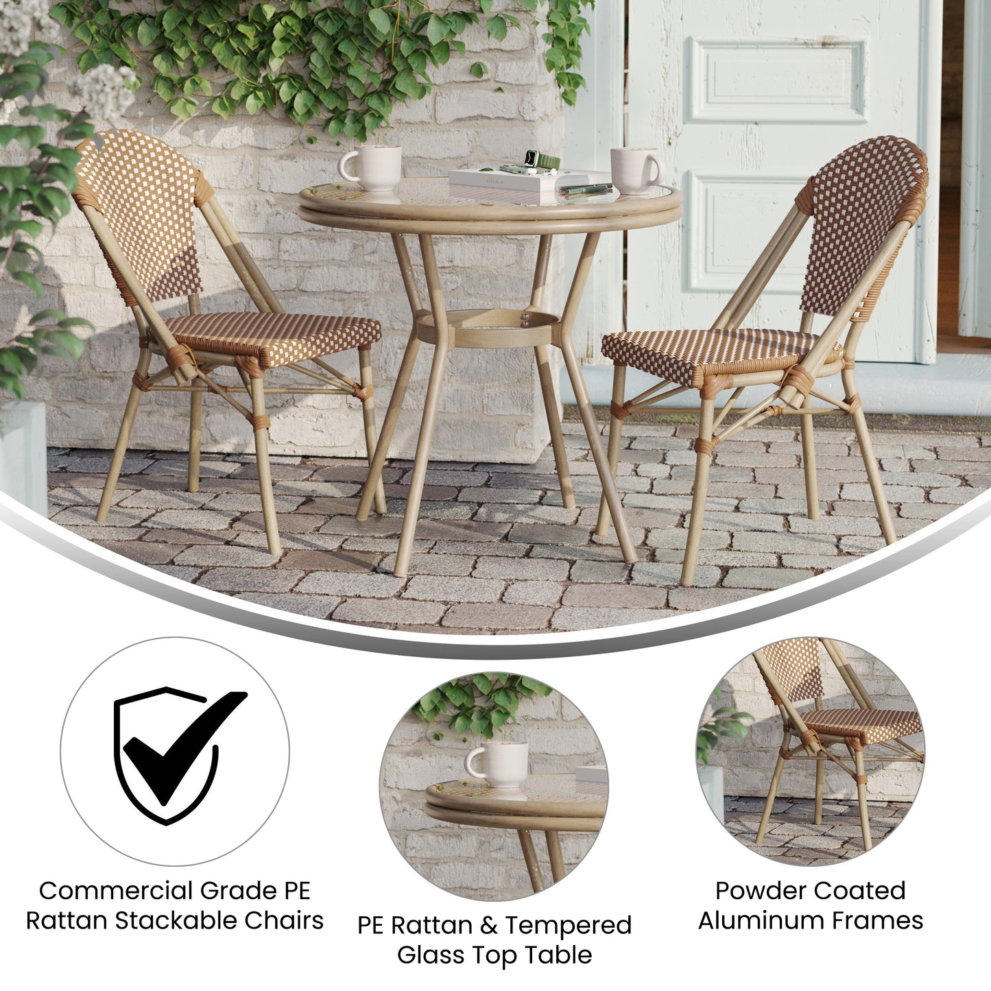 Lourdes Indoor/Outdoor Commercial Bistro 31.5" Table, Natural/White PE Rattan, Glass Top with 2 Stack Chairs - Light Natural Natural & White Rattan/Light Natural Frame