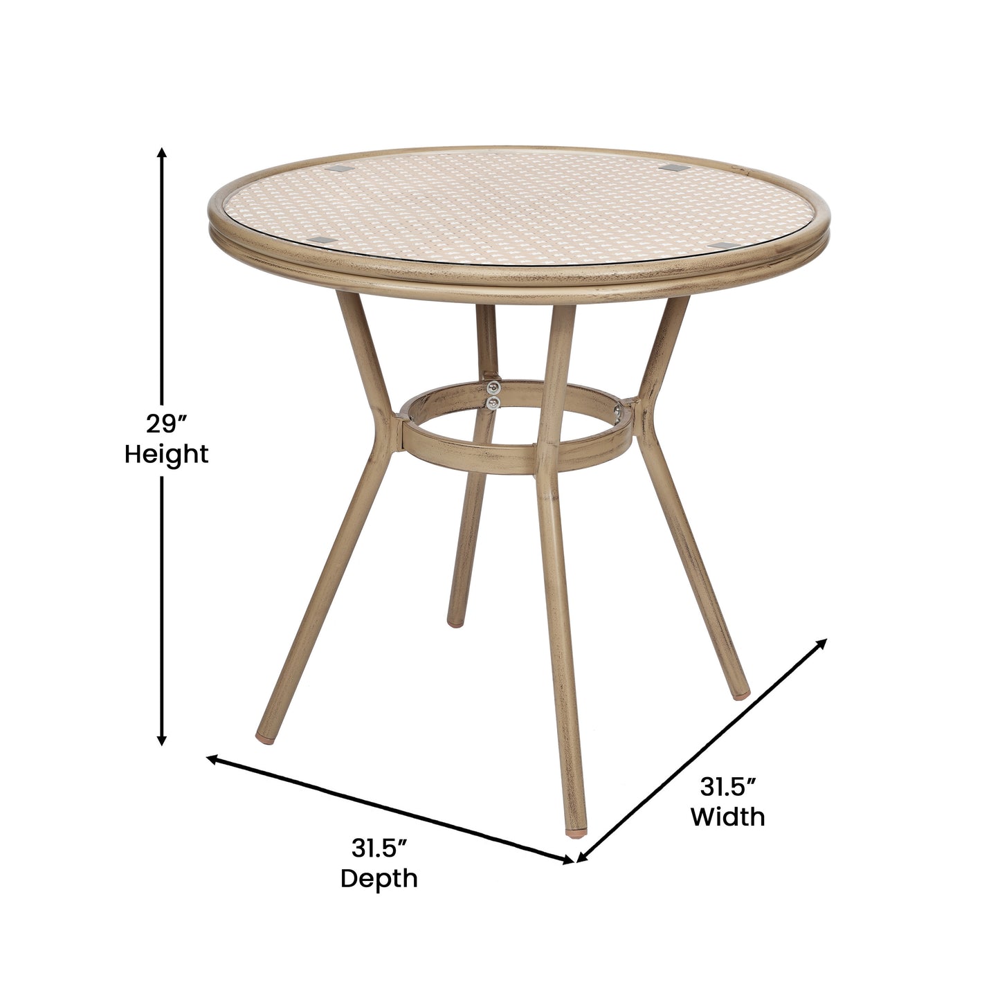 Lourdes Indoor/Outdoor Commercial Bistro 31.5" Table, Natural/White PE Rattan, Glass Top with 2 Stack Chairs - Light Natural Natural & White Rattan/Light Natural Frame