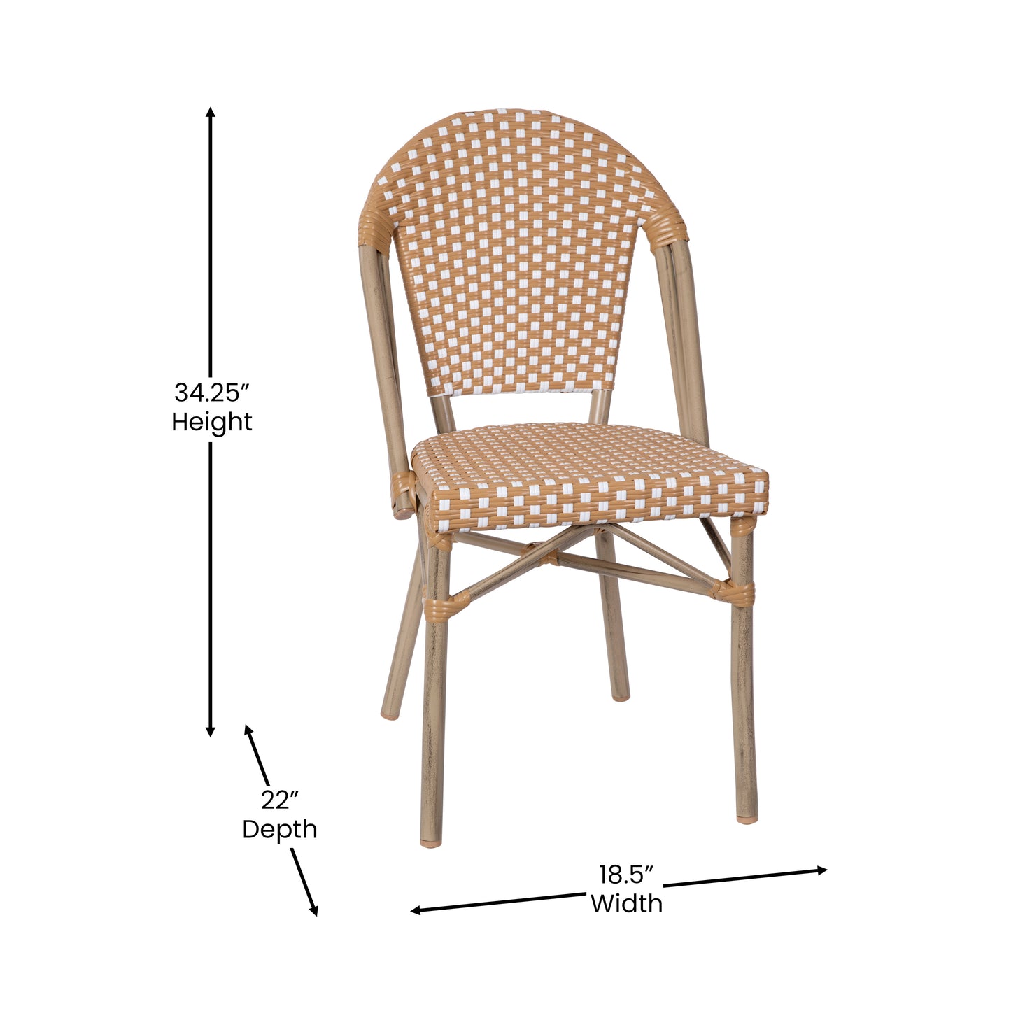 Lourdes Indoor/Outdoor Commercial Bistro 31.5" Table, Natural/White PE Rattan, Glass Top with 2 Stack Chairs - Light Natural Natural & White Rattan/Light Natural Frame