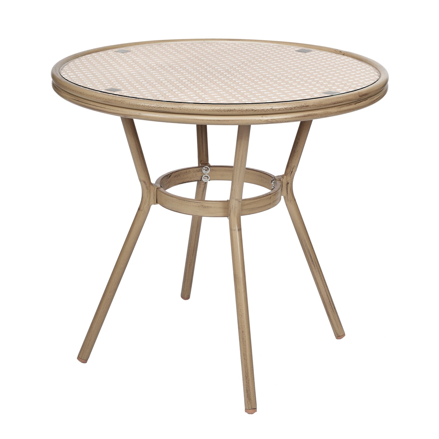 Lourdes Indoor/Outdoor Commercial Bistro 31.5" Table, Natural/White PE Rattan, Glass Top with 2 Stack Chairs - Light Natural Natural & White Rattan/Light Natural Frame