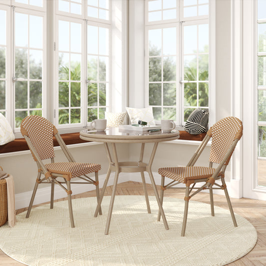 Lourdes Indoor/Outdoor Commercial Bistro 31.5" Table, Natural/White PE Rattan, Glass Top with 2 Stack Chairs - Light Natural Natural & White Rattan/Light Natural Frame