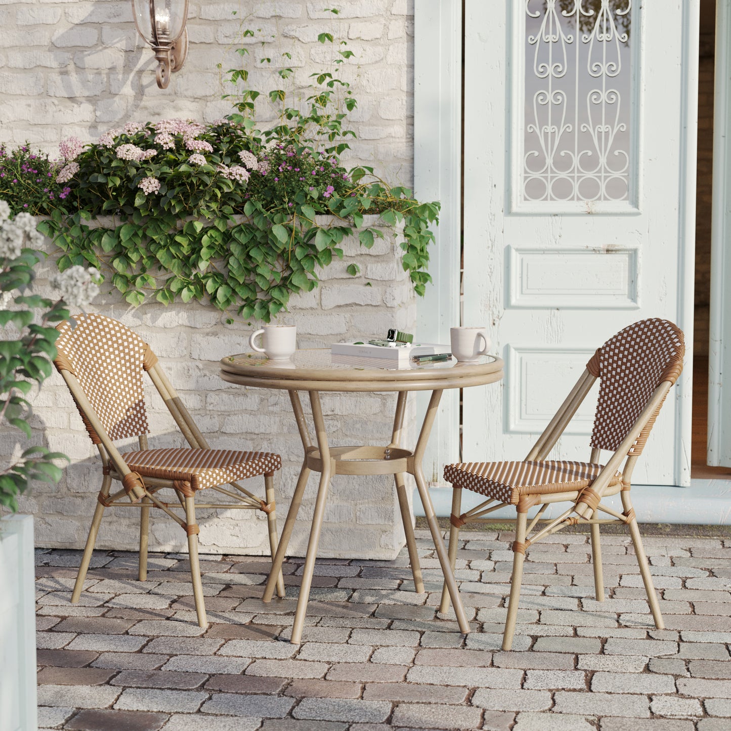 Lourdes Indoor/Outdoor Commercial Bistro 31.5" Table, Natural/White PE Rattan, Glass Top with 2 Stack Chairs - Light Natural Natural & White Rattan/Light Natural Frame