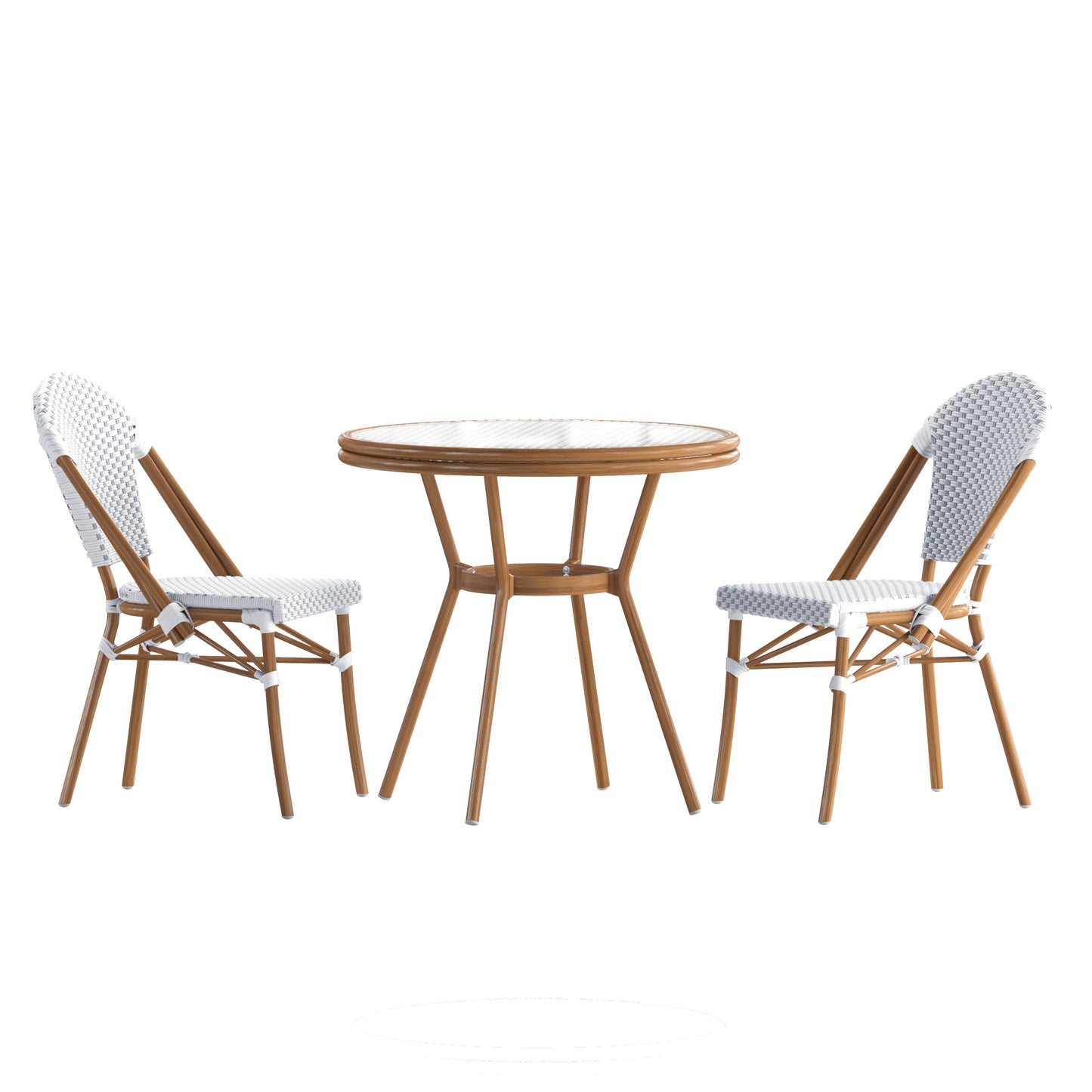 Lourdes Indoor/Outdoor Commercial Bistro 31.5" Table, White and Gray PE Rattan, Glass Top with 2 Stack Chairs - Natural Frame White & Gray Rattan/Natural Frame