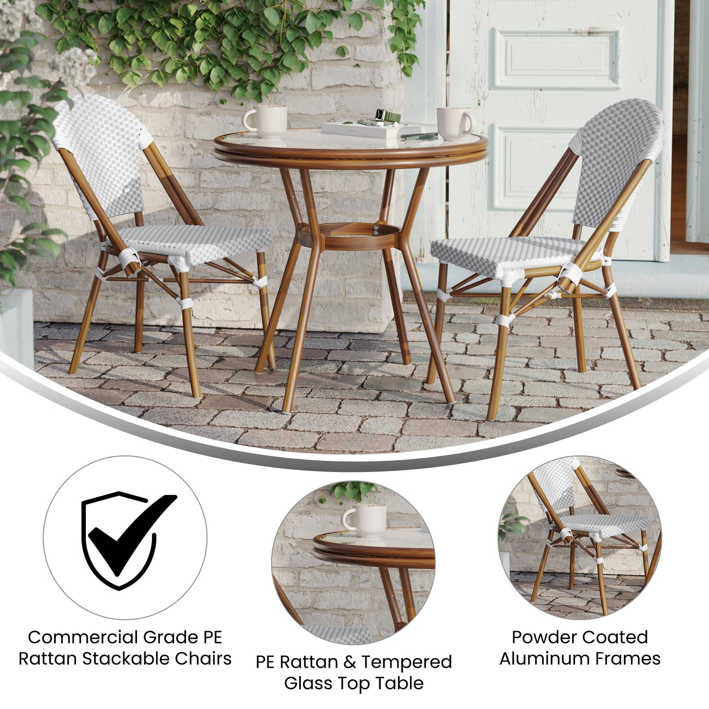 Lourdes Indoor/Outdoor Commercial Bistro 31.5" Table, White and Gray PE Rattan, Glass Top with 2 Stack Chairs - Natural Frame White & Gray Rattan/Natural Frame