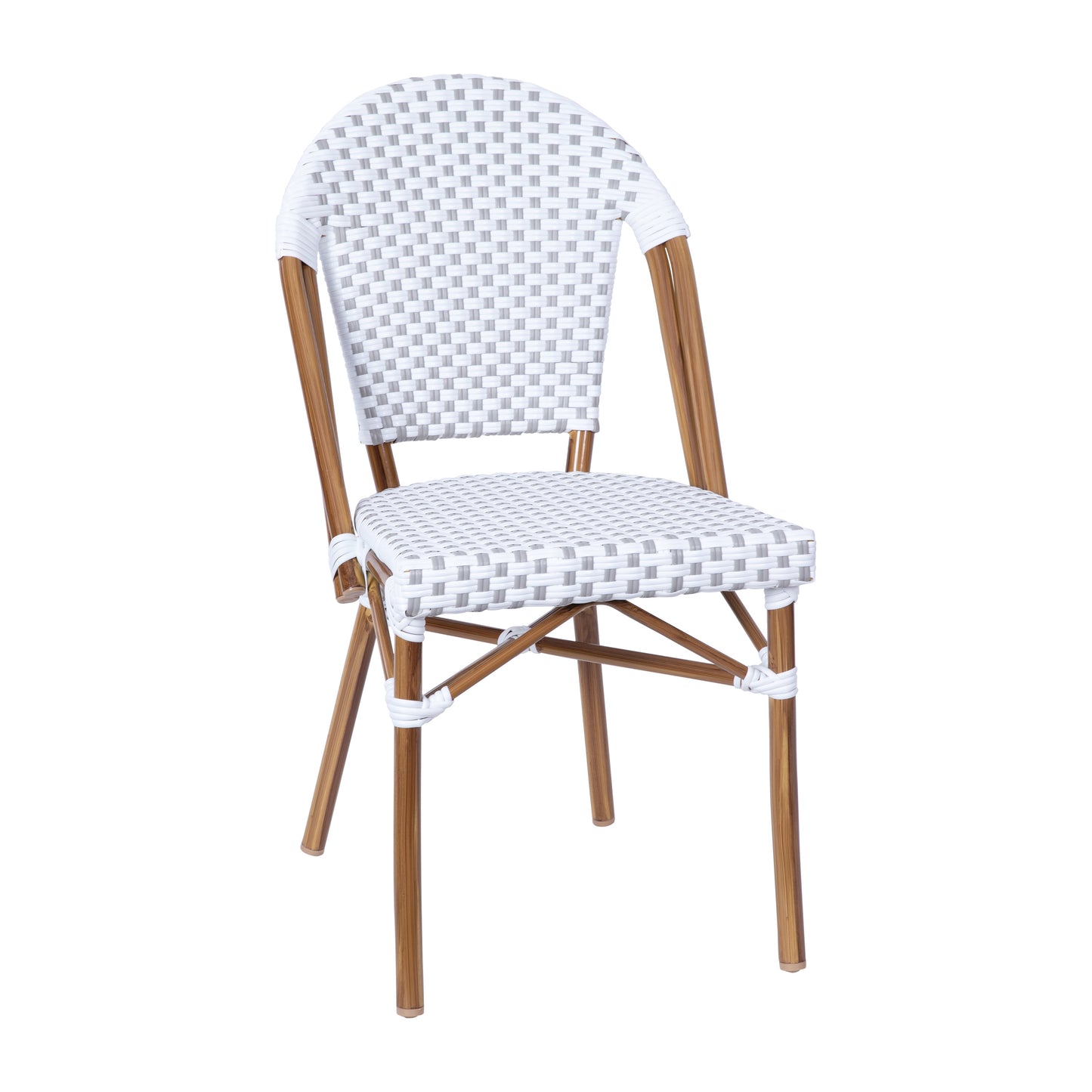Lourdes Indoor/Outdoor Commercial Bistro 31.5" Table, White and Gray PE Rattan, Glass Top with 2 Stack Chairs - Natural Frame White & Gray Rattan/Natural Frame